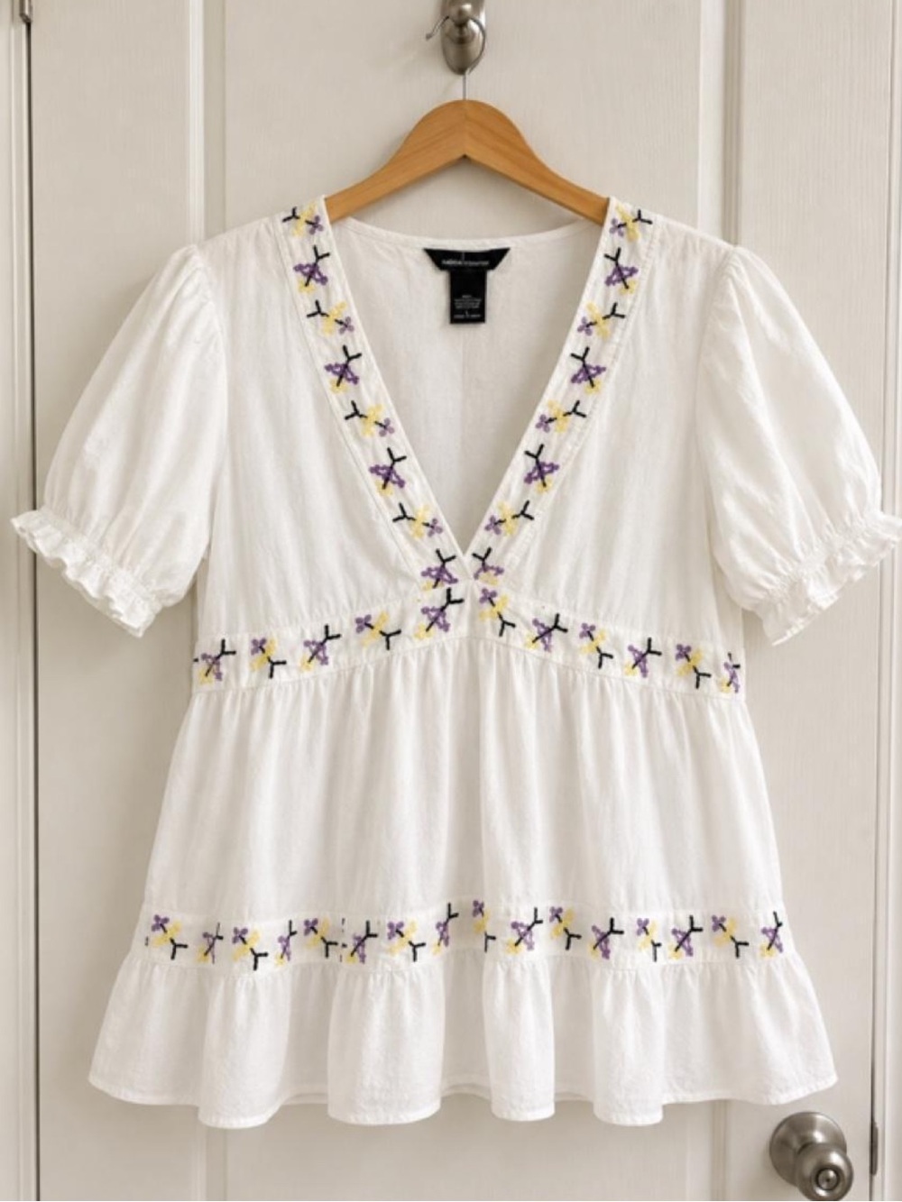 Moda International 100% Cotton Embroidered Boho Babydoll Top